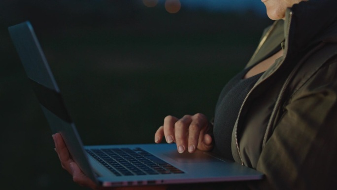 黄昏时分，女人在笔记本电脑上打字时的画面