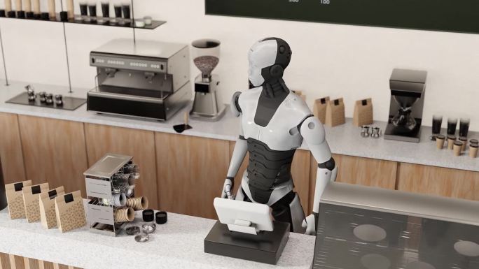 仿人原型机器人在咖啡厅做早餐，人工智能接管概念重复性工作任务3d渲染动画