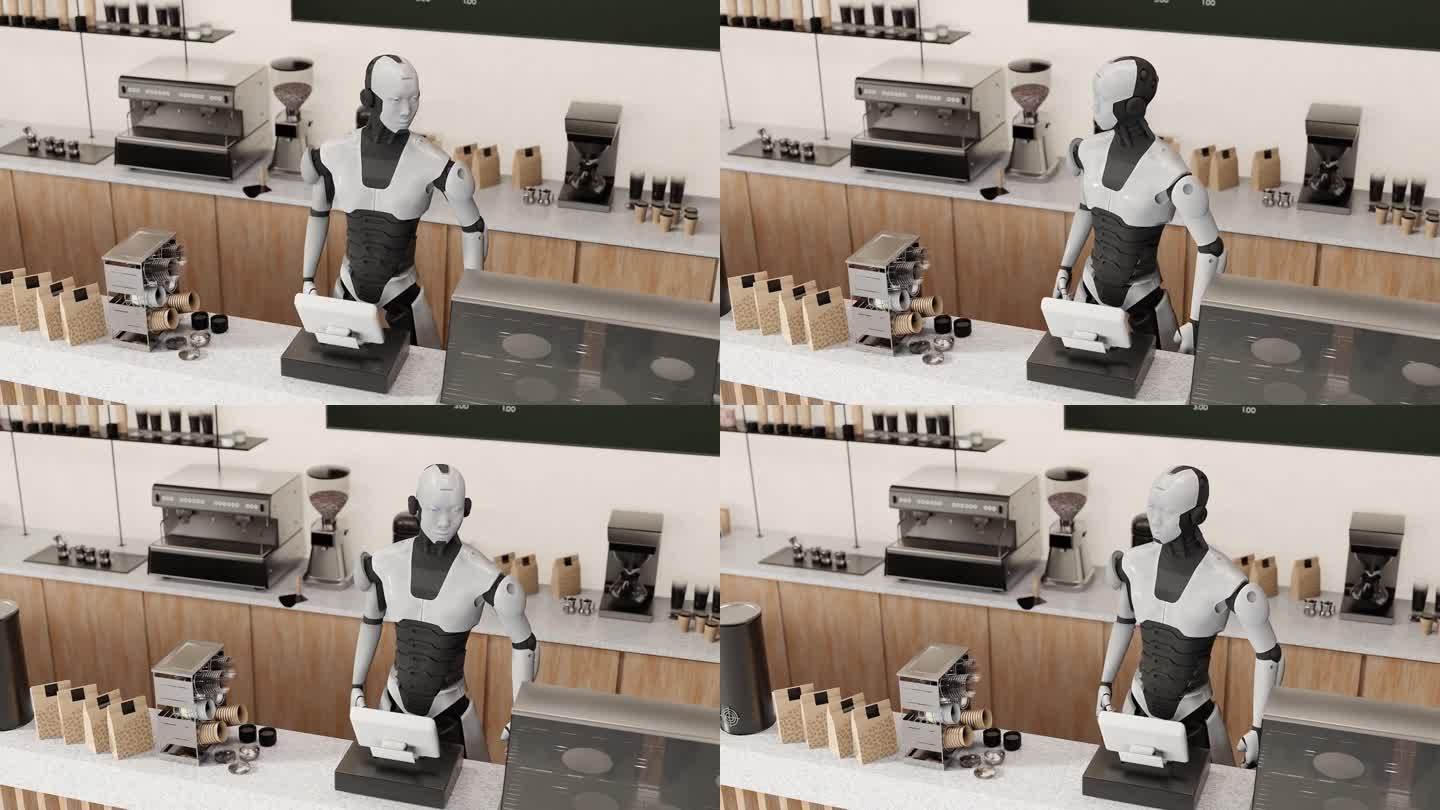 仿人原型机器人在咖啡厅做早餐，人工智能接管概念重复性工作任务3d渲染动画