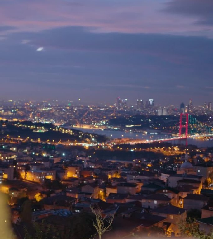 MS在城市的怀抱:7月15日烈士桥上方的一座山上，夜空下手持智能手机的女子#IstanbulNigh