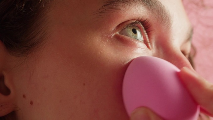 美女在镜头前微笑，用海绵将粉底bb霜涂在之前使用的保湿面霜上。护肤、化妆品、化妆、美容的概念