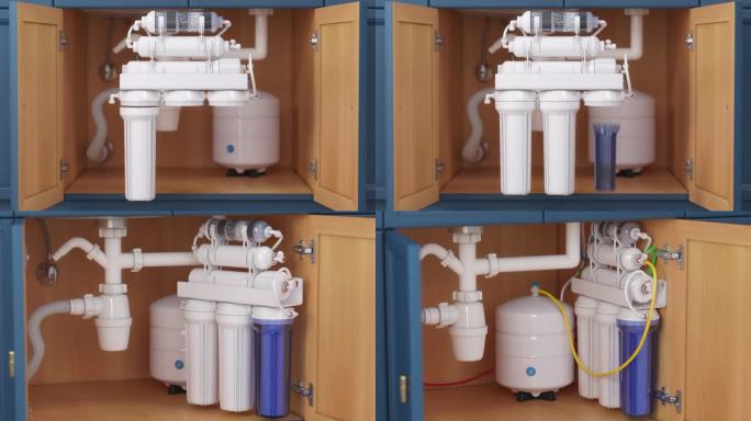 厨房水槽下的反渗透净水系统。水清洗系统安装。的过程。三维视频动画