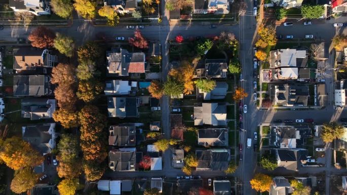 秋天的美国小镇。城市房屋的鸟瞰图，五彩缤纷的秋叶。
