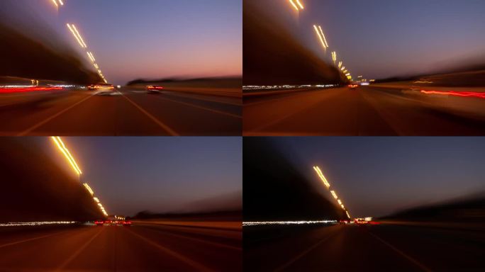 日落天空阿布扎比到迪拜公路旅行交通街道前全景4k延时阿联酋