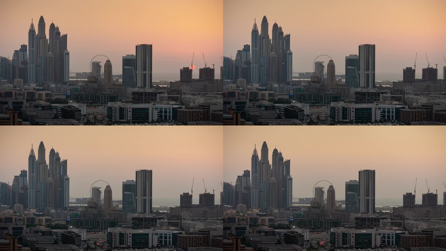 日落天空迪拜城著名的滨海湾地区屋顶全景4k延时阿联酋