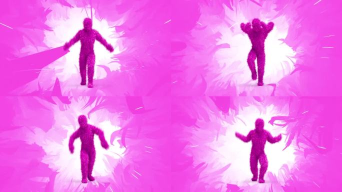 充满活力的3D毛茸茸的粉红色角色跳舞。花动画的背景。完美的循环。