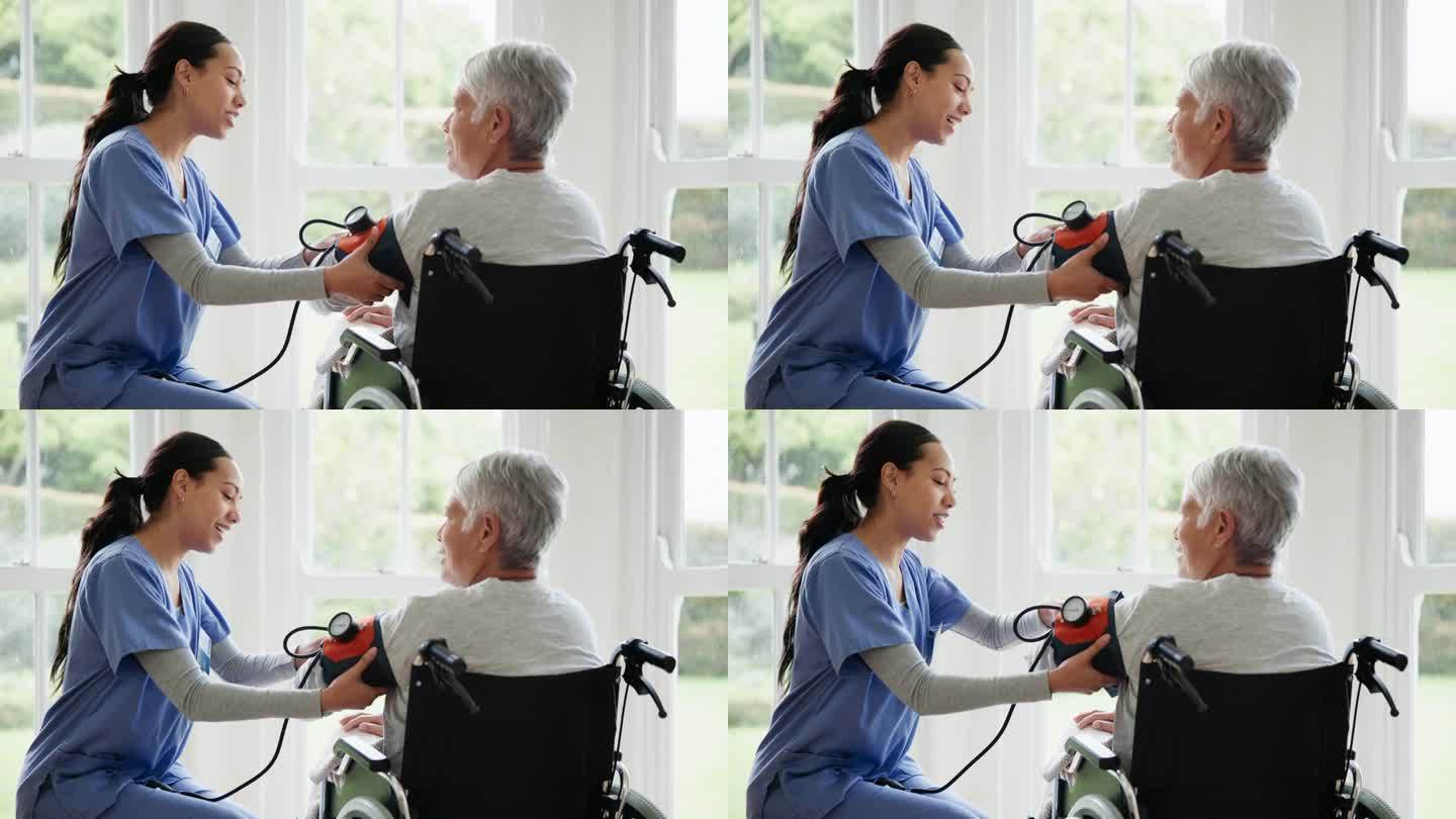血压，护士和轮椅上的老年妇女提供医疗保健，健康和服务。医疗保健、养老院和护理人员为心脏病学的残疾人配