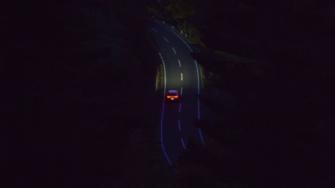 汽车照亮了夜晚的森林小路