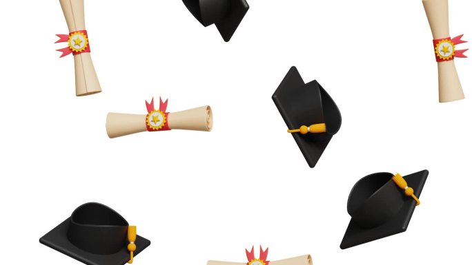 三维毕业典礼帽和学位或文凭证书落在白色背景。投资教育，目标，成就，商业毕业概念。4k 3d动画