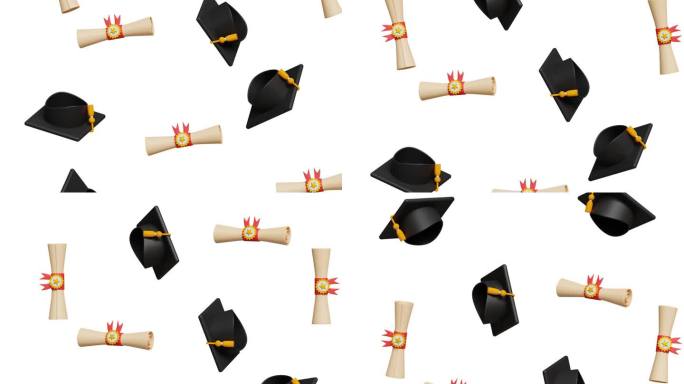 三维毕业典礼帽和学位或文凭证书落在白色背景。投资教育，目标，成就，商业毕业概念。4k 3d动画