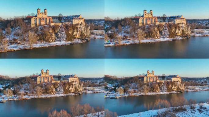 波兰克拉科夫附近泰涅茨的本笃会修道院和维斯瓦河的冬天