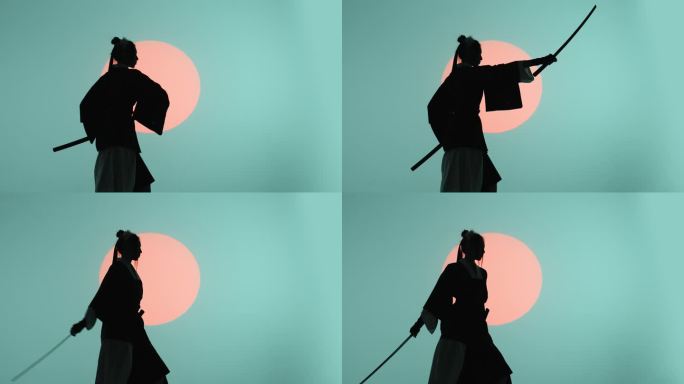 一个穿着传统和服的年轻亚洲女子的剪影，在绿松石蓝绿色背景和红色太阳的映衬下，从剑鞘中抽出武士刀，在工