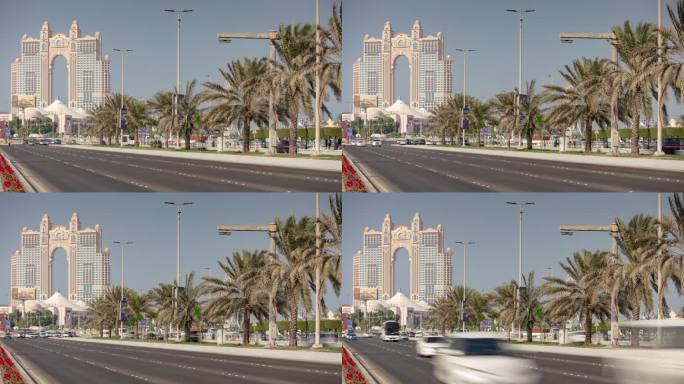 阳光明媚的一天阿布扎比市著名的豪华酒店住宅交通街道海湾全景4k延时阿联酋