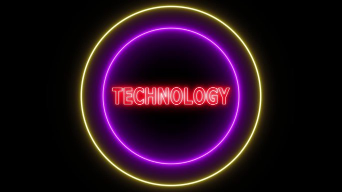 霓虹灯与字科技亮粉红色发光紫色环动画黑暗背景。