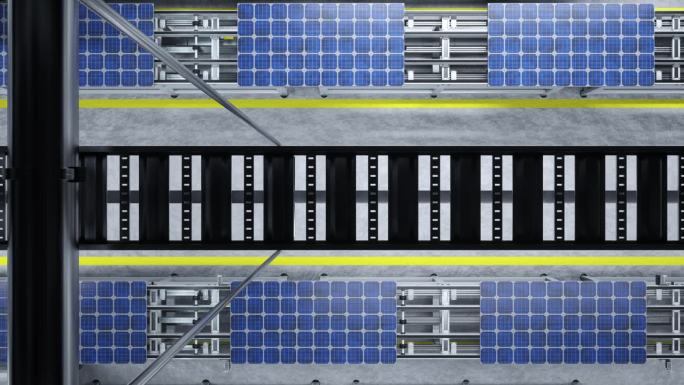 由高科技机械臂操作的太阳能电池板装配线俯视图