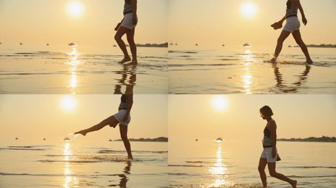 女子在宁静的日落海滩上度假时的慢镜头拍摄