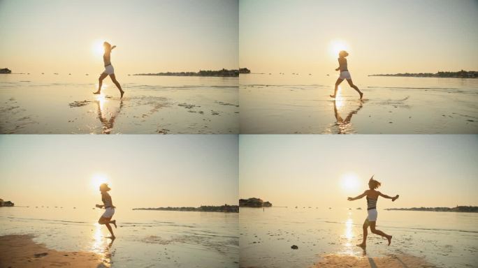 悠闲的女人在沙滩上跑步的慢镜头，在日落假期