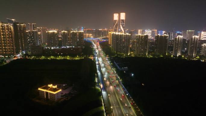 杭州滨江区闻涛路秋石高架路航拍夜晚夜景车