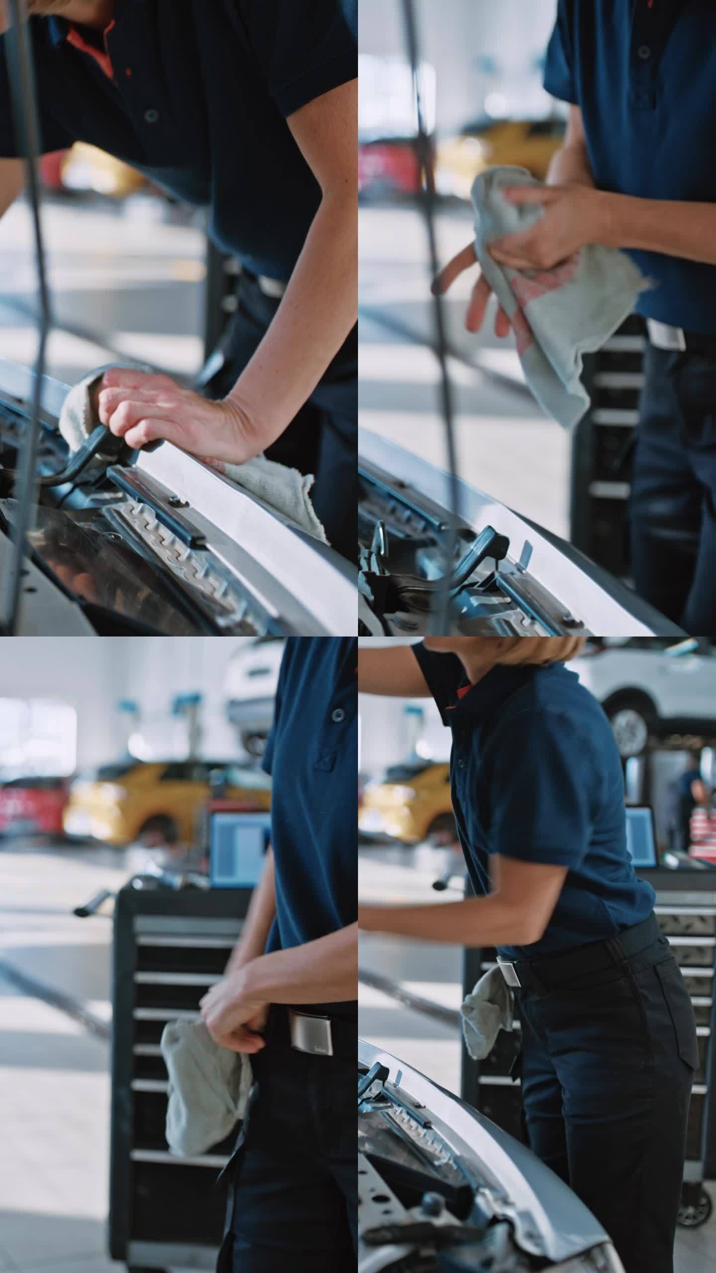 女机械师在汽车修理店检查汽车发动机