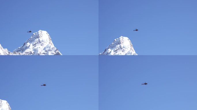 直升机在喜马拉雅山的山峰上飞行