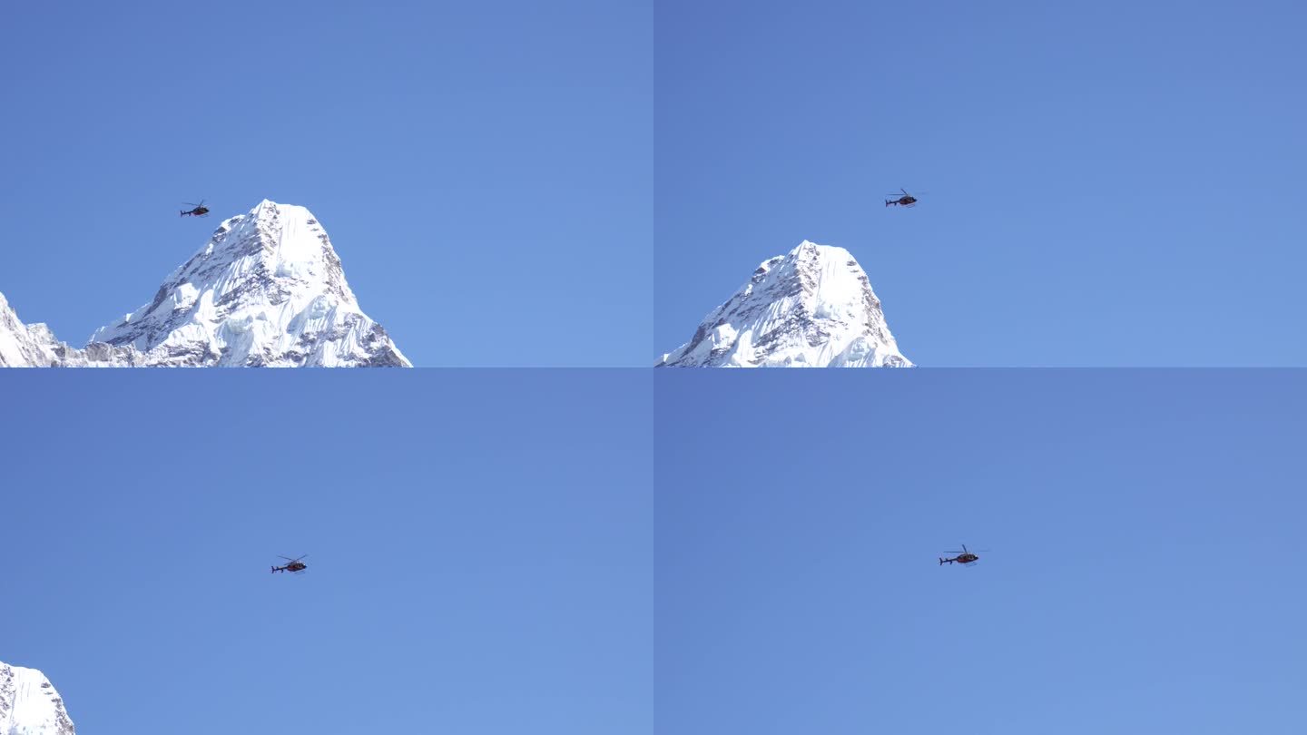 直升机在喜马拉雅山的山峰上飞行