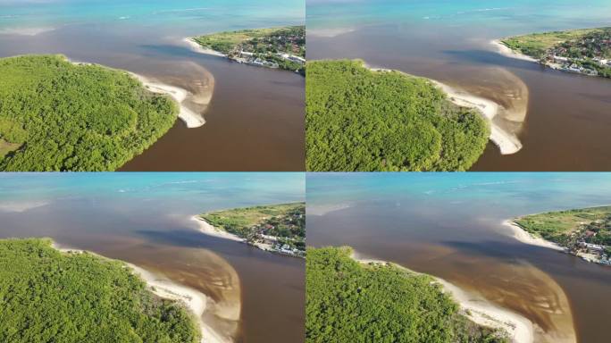 无人机看到圣托河Antônio流入同名的海滩