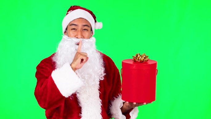 绿屏，圣诞老人和圣诞礼物，惊喜和秘密礼物或营销交易，促销或销售。圣诞节，肖像和广告的节日，庆祝活动或