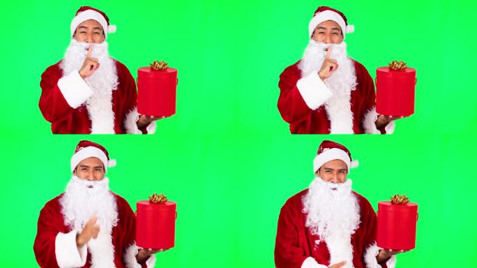 绿屏，圣诞老人和圣诞礼物，惊喜和秘密礼物或营销交易，促销或销售。圣诞节，肖像和广告的节日，庆祝活动或