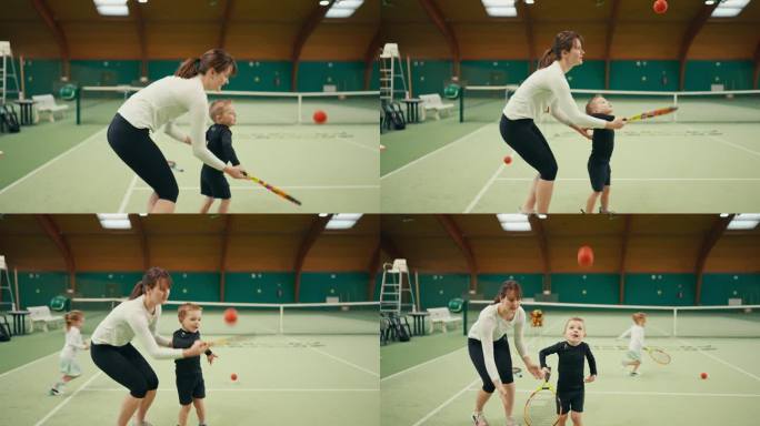 体育俱乐部训练中，年轻女教练和男孩拍网球拍