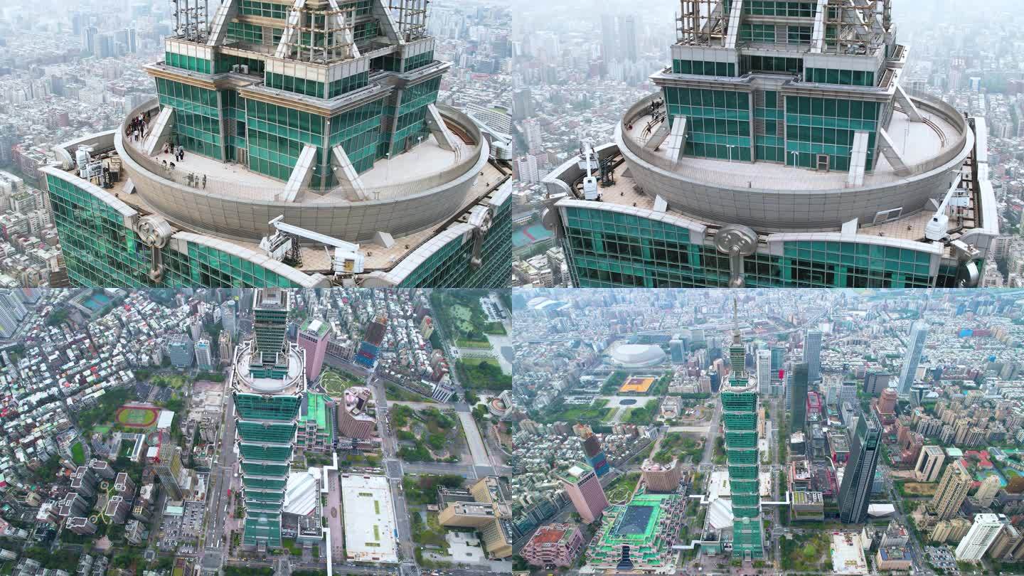台湾地标台北101大楼繁华商圈观景台航拍