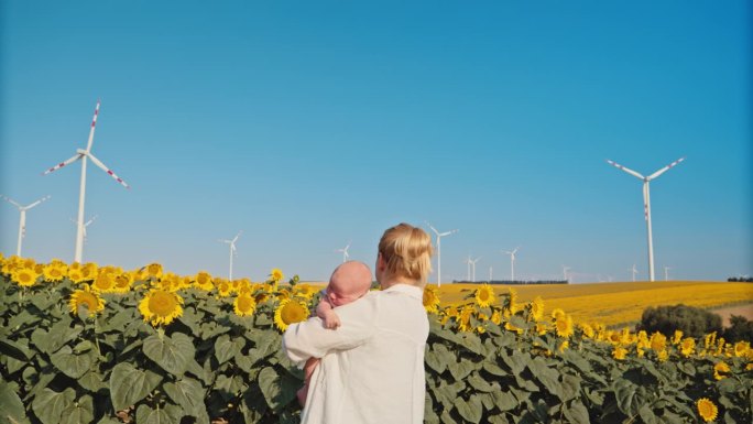 明天的纽带:向日葵和风力涡轮机中的母亲和孩子