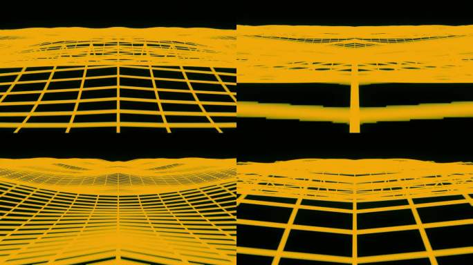 合成波黄色线框网黑色背景未来主义背景3d插图渲染无缝循环。4 k决议。网格