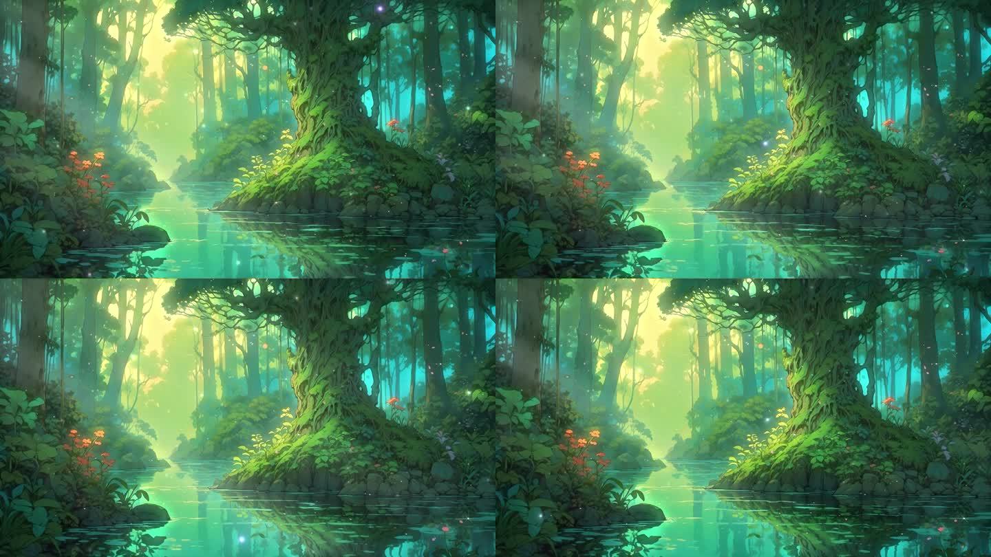 4K卡通动漫梦幻森林自然生态树林童话背景