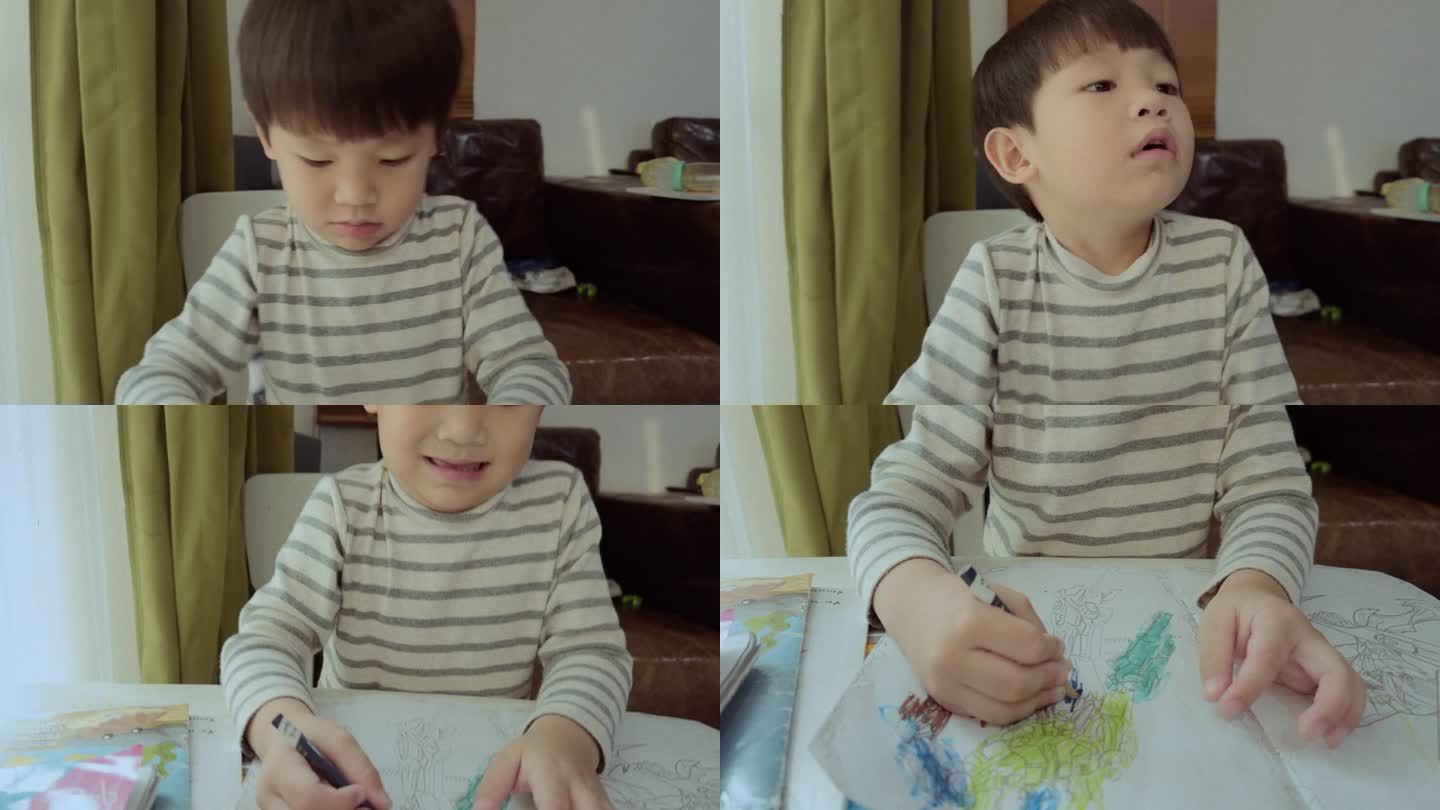 亚洲男孩艺术家在家中从事彩色铅笔画创意在家上学。