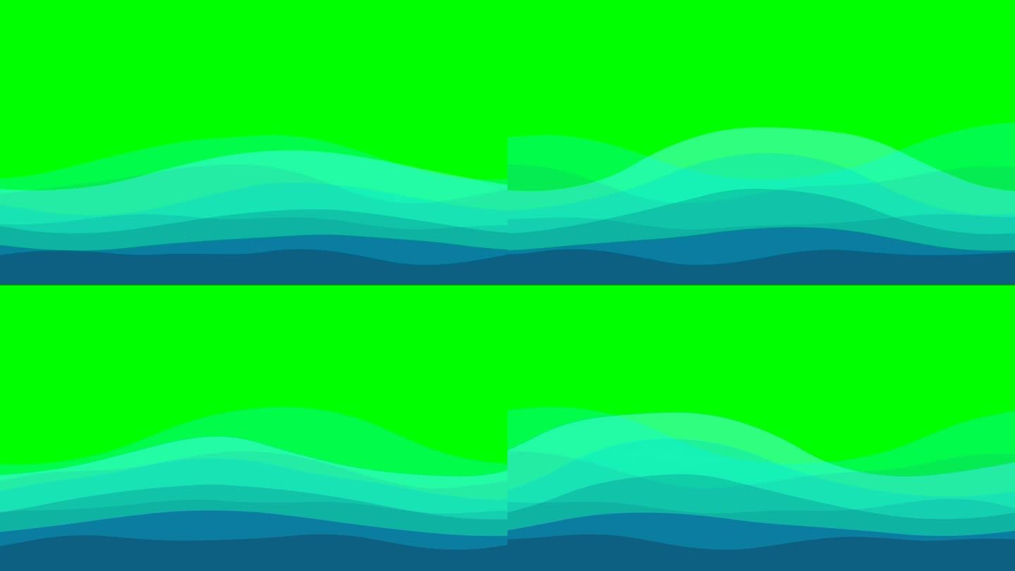 蓝色波浪层流循环动画。透明的绿松石山盘，流动的动画。绿屏背景。浅深蓝梯度波浪的海洋，水，天空。平滑过