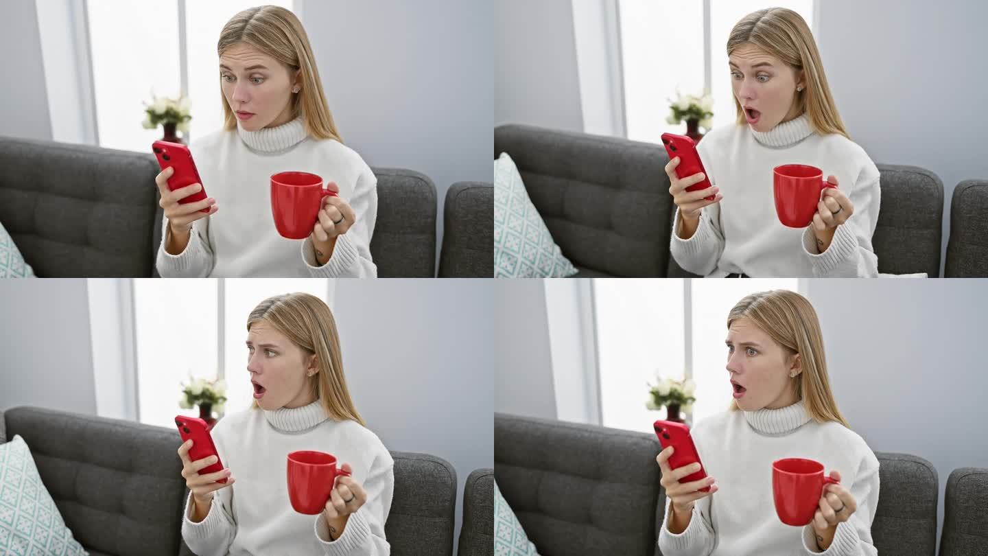一个惊讶的金发女人拿着一个红色的杯子和智能手机对她公寓里的内容做出反应。