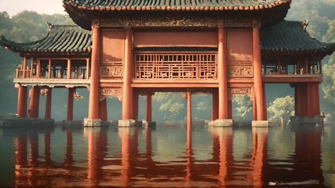 中式建筑水中倒影视频素材