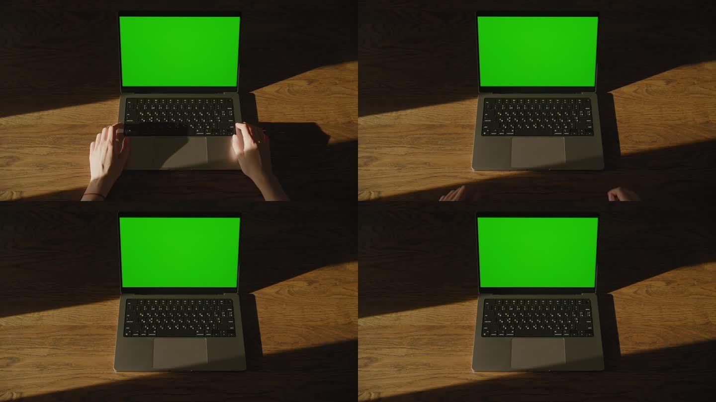 女人双手放在笔记本电脑键盘上，屏幕是铬绿的，然后离开画面