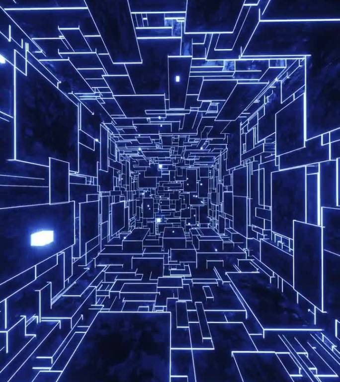 飞过一个发光的蓝色迷宫。垂直循环动画