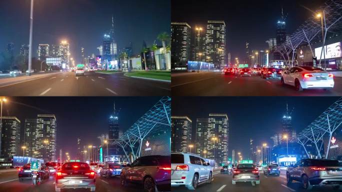 夜间照明迪拜市中心交通街道公路旅行前全景4k延时阿联酋