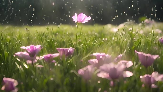 【4K】雨水打在花朵草丛上