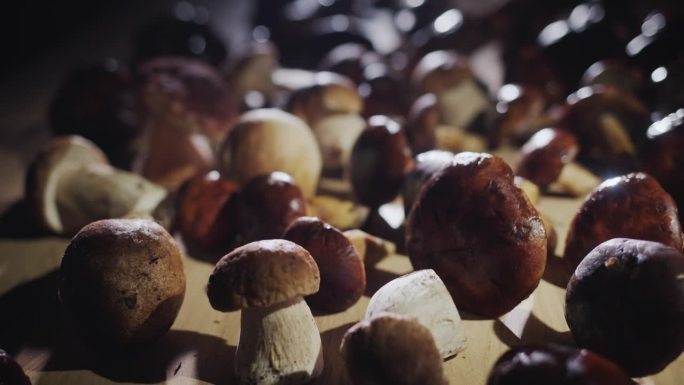 餐桌上摆放着许多令人垂涎三尺的野生蘑菇——一种美味佳肴的原料。滑块拍摄