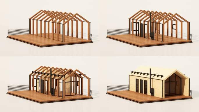 用木结构建造房子。停止运动3d动画的房子建设-从蓝图到屋顶的安装。