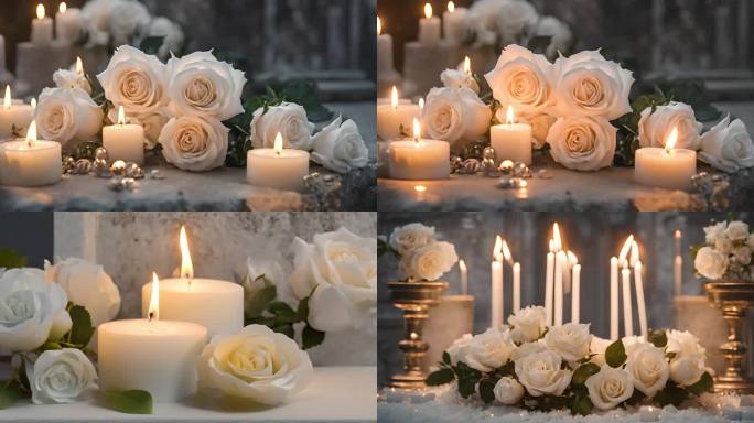 燃烧的蜡烛墓碑白色玫瑰花