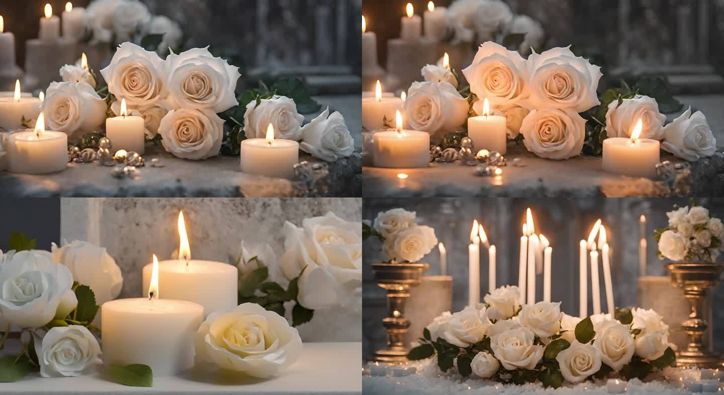 燃烧的蜡烛墓碑白色玫瑰花