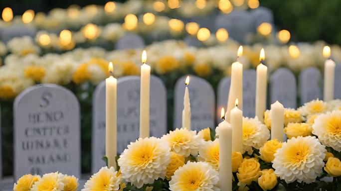 墓前的黄色菊花和白色蜡烛
