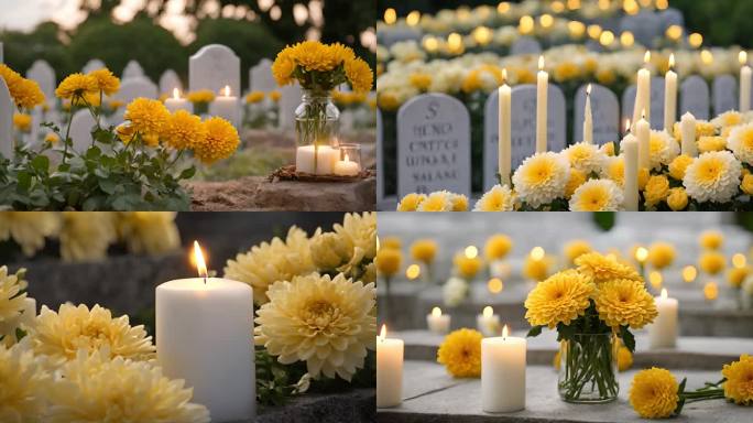 墓前的黄色菊花和白色蜡烛