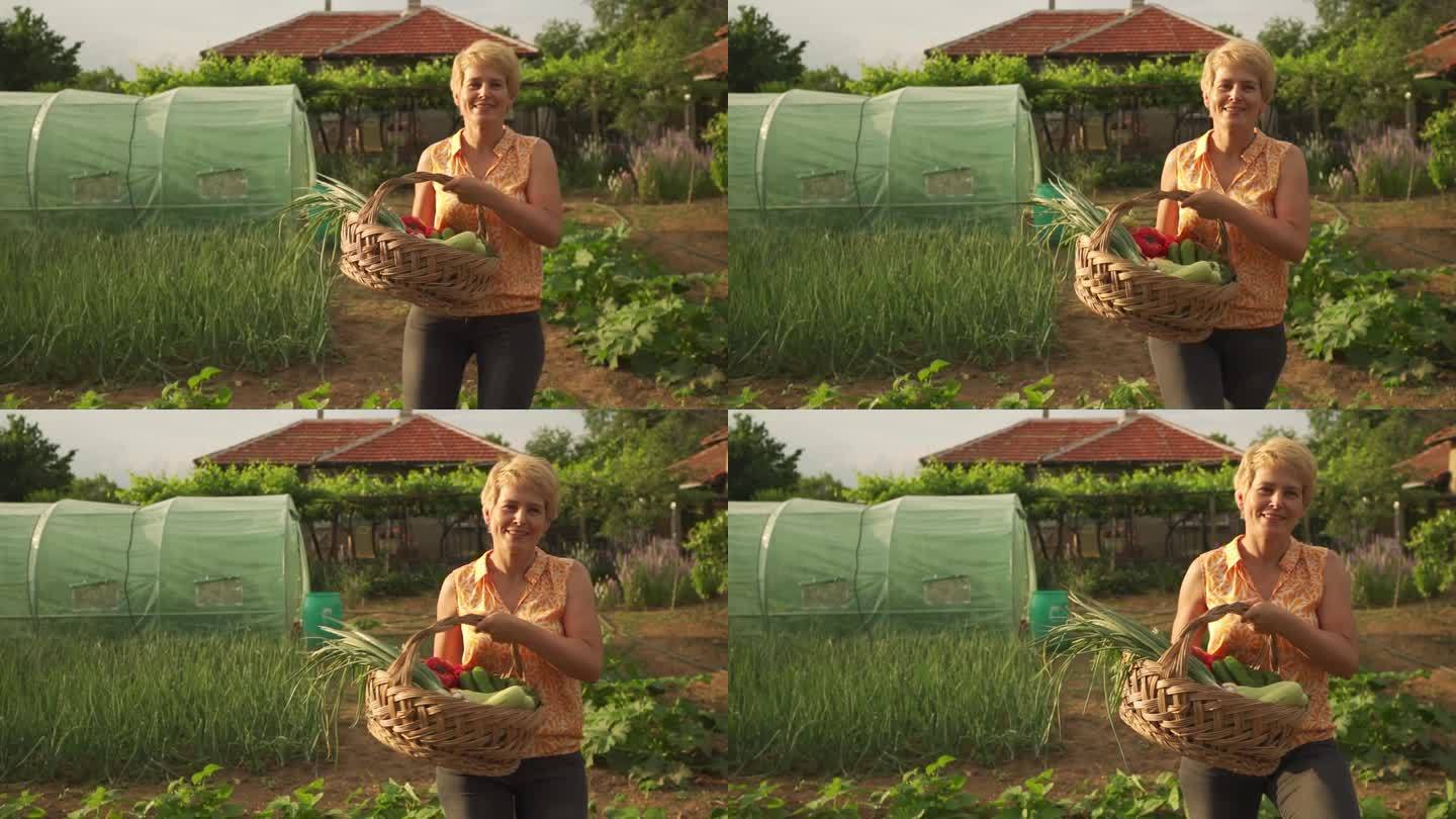 农民提着一篮子蔬菜