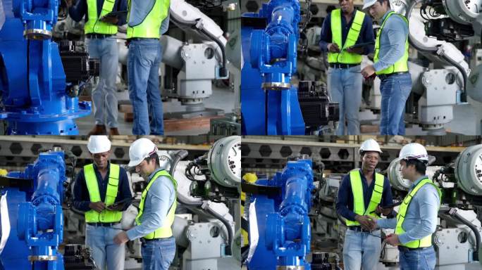 非裔美国工程师，在焊接机器人机械臂工厂拿着平板和握手的技术员