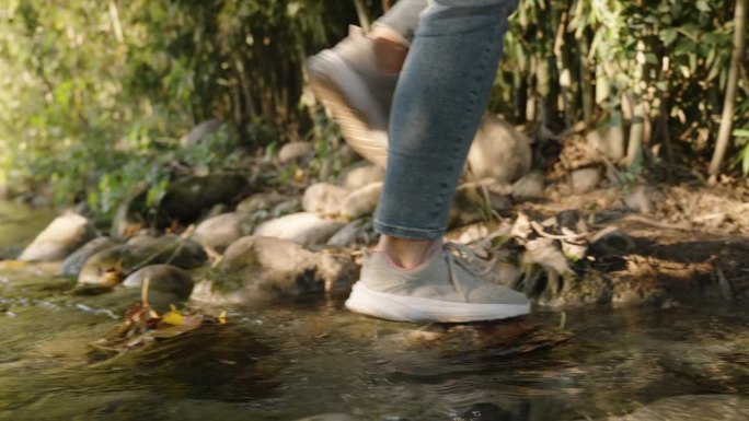 穿着运动鞋的女人们踩着滑溜溜的石头过河。她走进一片竹林。